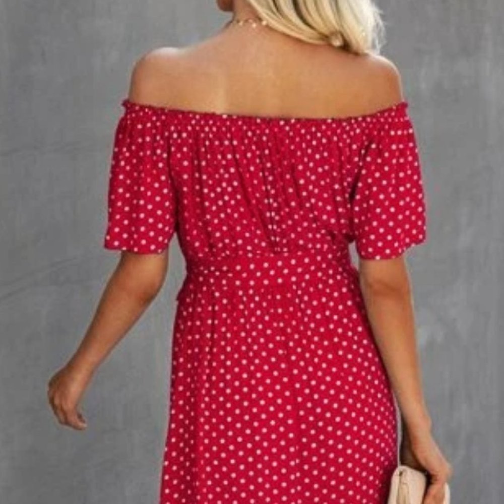 red polka-dot shoulder ruffle maxi dress - Picture 5 of 6